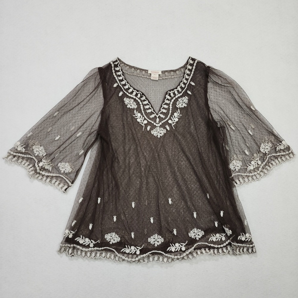 Sundance Blouse Top Womens Medium Black Intricate Sheer Embroidered Lace Detail